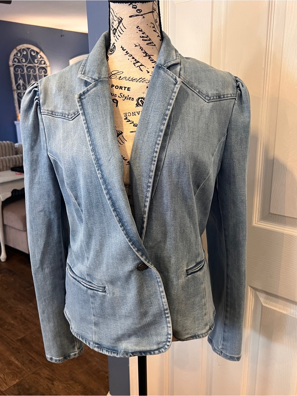 ⁠For The Republic Denim Blazer Jacket Light Wash Puff Sleeve Cottagecore